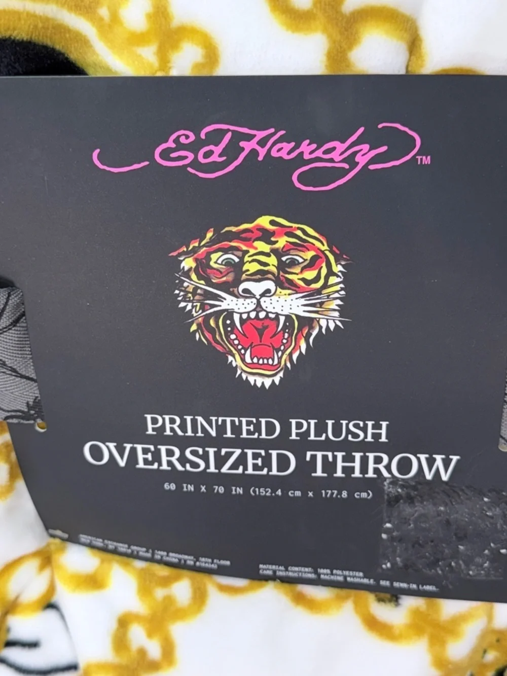 Ed Hardy Tiger Gold Chain Print Oversized Plush Throw Blanket 60x70 New